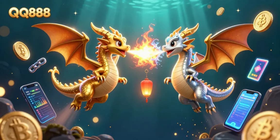 Experience QQ888's vibrant gaming world with mythical dragons and cryptocurrency elements.