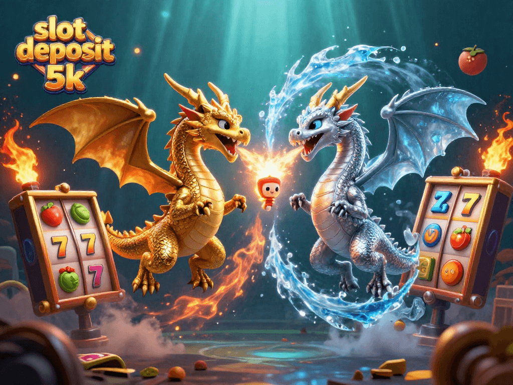 Bermain slot deposit 5k dengan simbol buah dan jackpot yang memukau di latar belakang.
