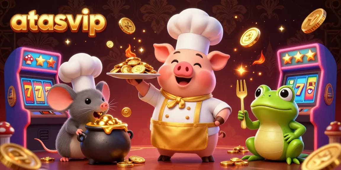 Engage with the vibrant world of atasvip as cartoon characters showcase an exciting casino atmosphere filled with gold coins and slot reels.