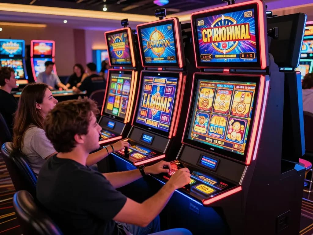 Pemain menikmati mesin slot berwarna-warni di suasana kasino yang meriah sambil berharap untuk menang besar