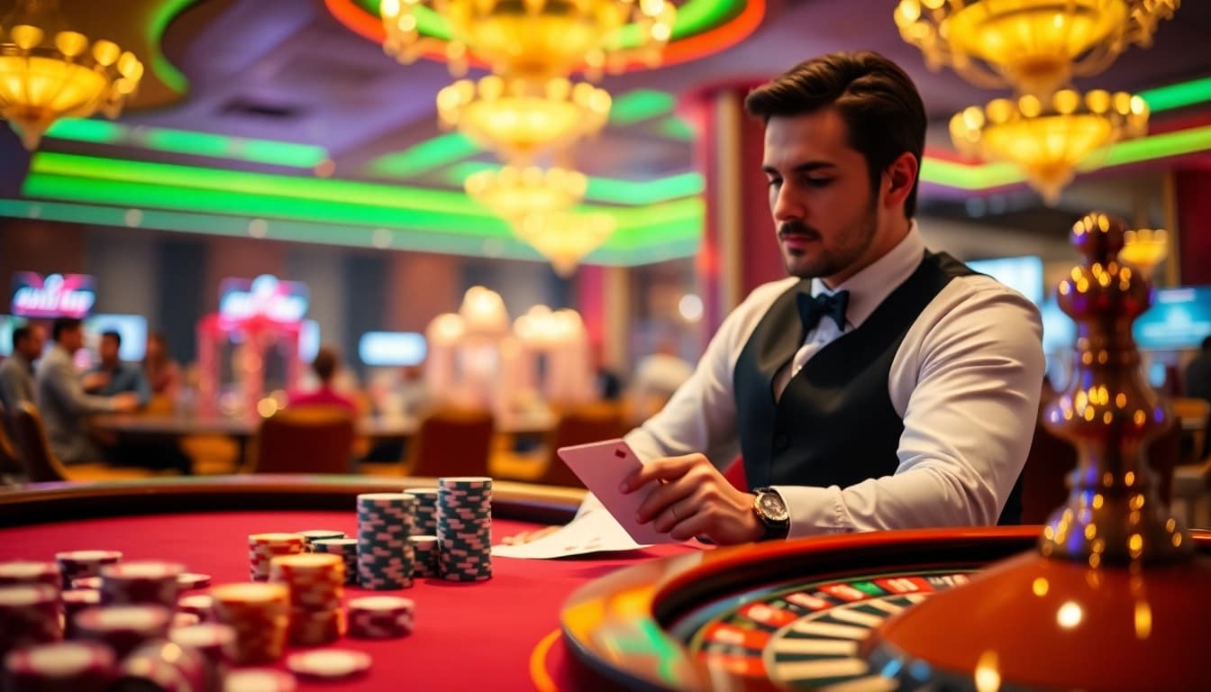 A thrilling gaming scene at nhà cái fun79 showcasing poker chips and a professional dealer.