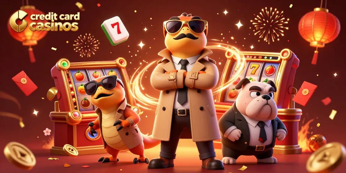 Experience the excitement of credit card casinos with playful raptors in a trench coat and vibrant gaming elements.