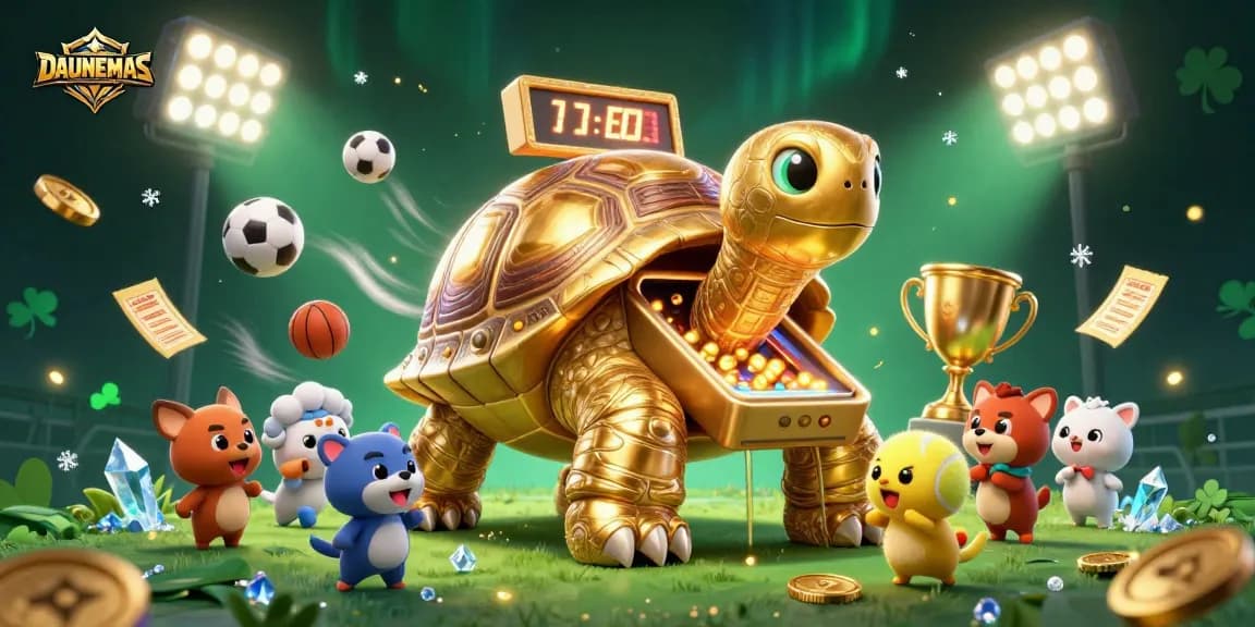 Enjoy thrilling gameplay at DAUNEMAS with a lively scene featuring a colossal golden tortoise pinball and sports elements.
