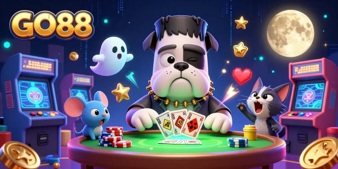 GO88 interactive game scene featuring Frankenstein bulldog dealing cards amidst vivid 3D gaming elements.