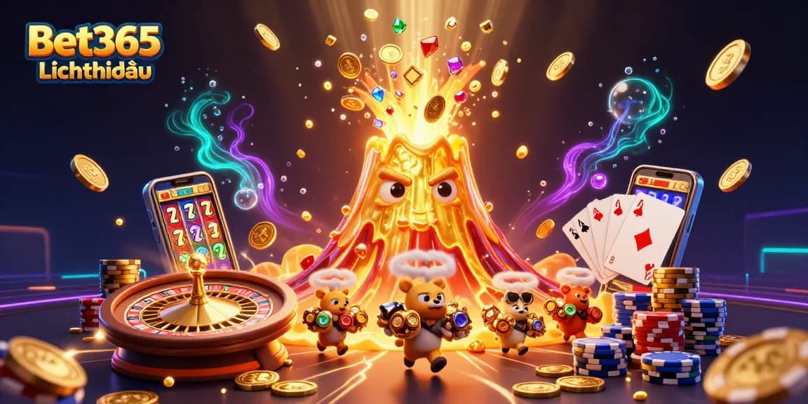 Bet365Lịchthiđấu showcases a vibrant 3D illustration of casino excitement with treasures and gaming elements.