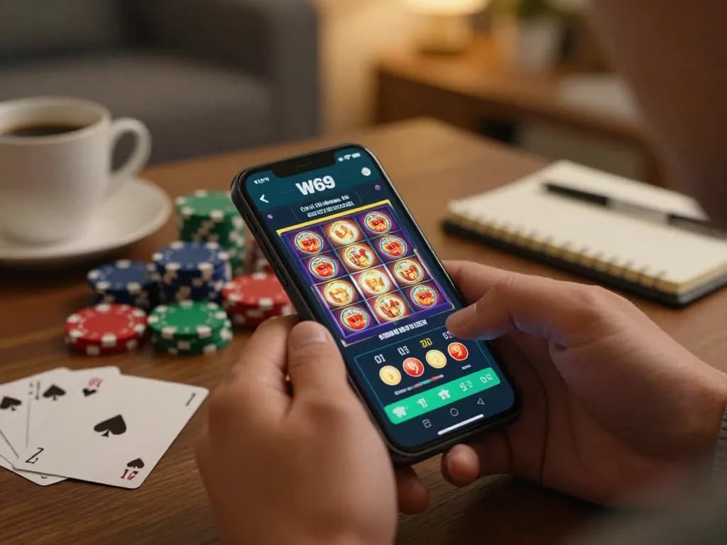 Engaging with the W69 online casino app for a strategic gaming session at home.