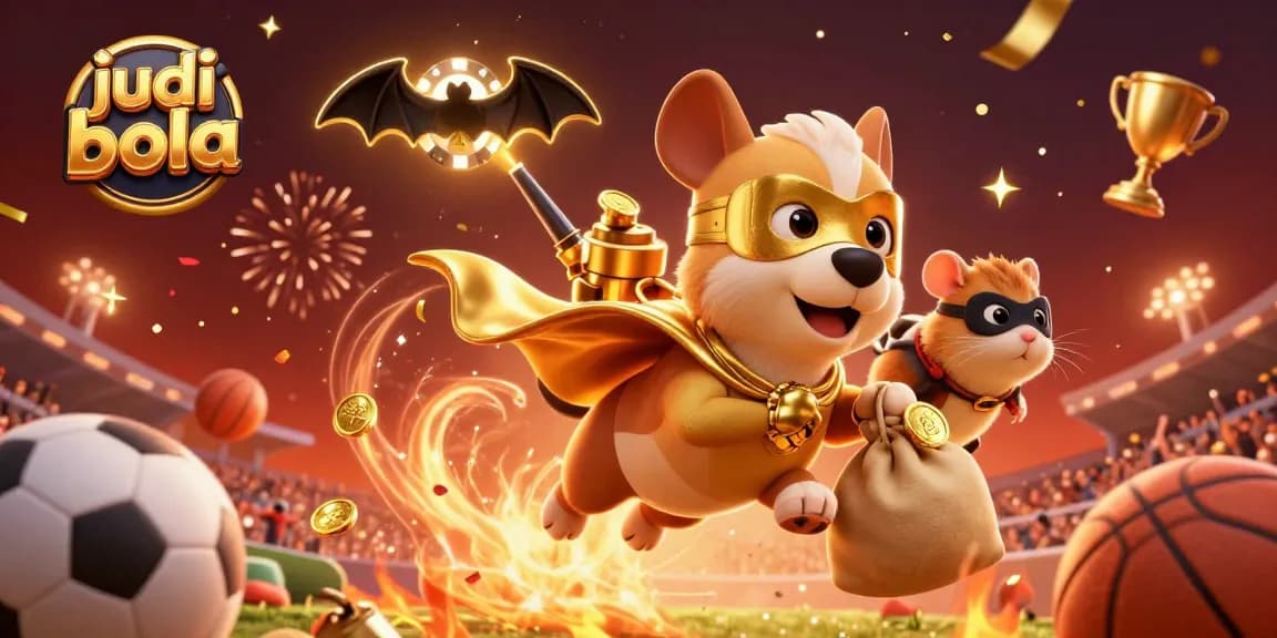 Engage in judi bola with exhilarating sports betting illustrated by a 3D superhero dog flying with riches.