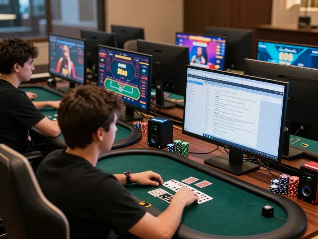 Player engaging with 68win online poker interface on multiple screens while strategizing in a cozy gaming setup