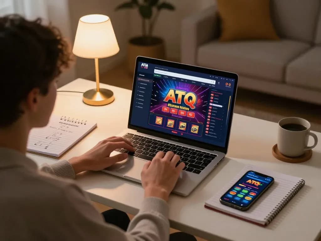 ATQ player enjoying online casino gaming on a laptop in a cozy home environment.