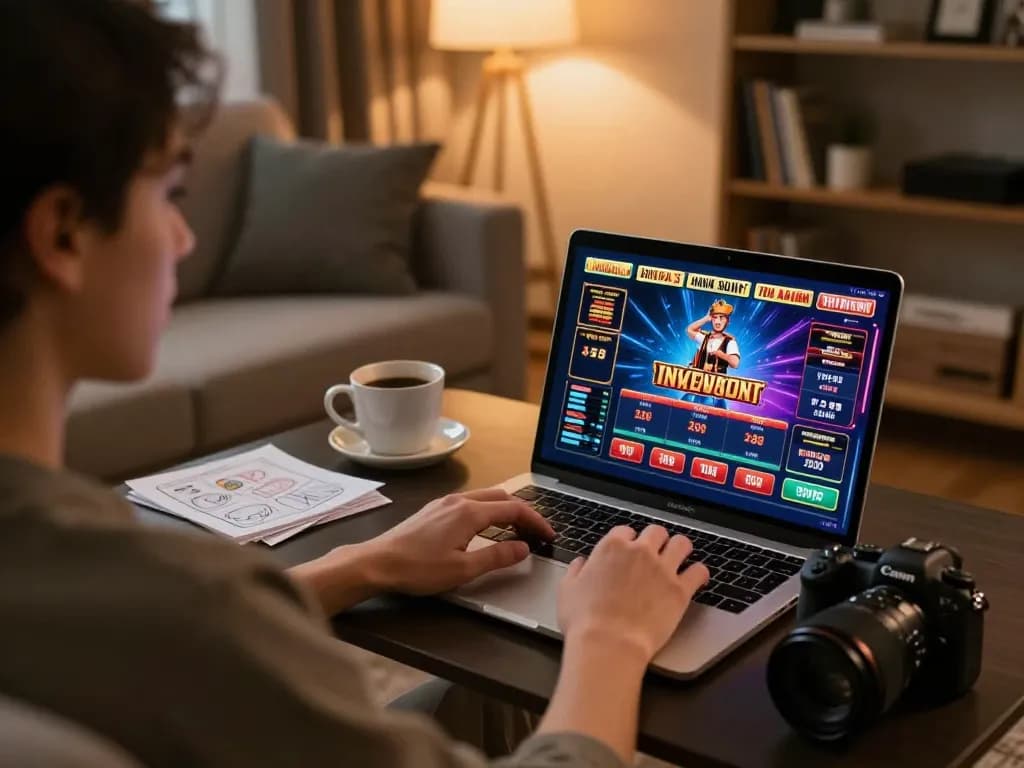 Engaging in online gambling with KJC on a cozy home setup, showcasing a vibrant casino interface.