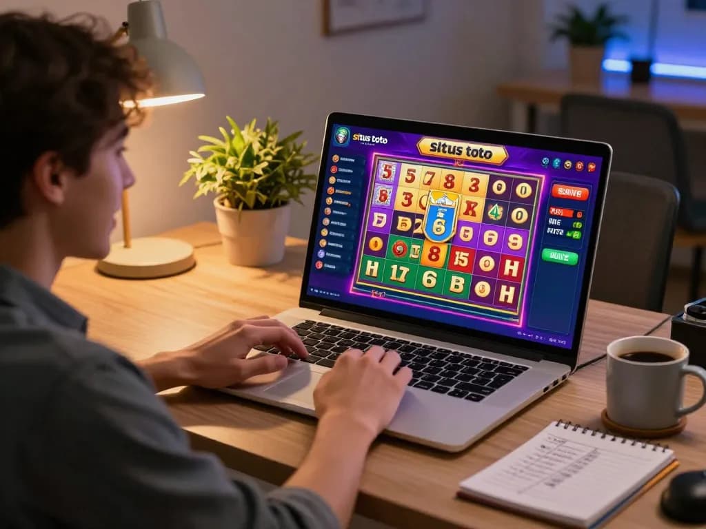 Bermain di situs toto menggunakan laptop, menampilkan grafik lotere yang cerah dan suasana strategis.