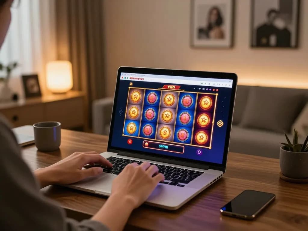 Pengaturan permainan online Bintangmpo dengan orang yang terlibat dalam permainan, menampilkan gulungan slot yang cerah dan suasana yang nyaman.