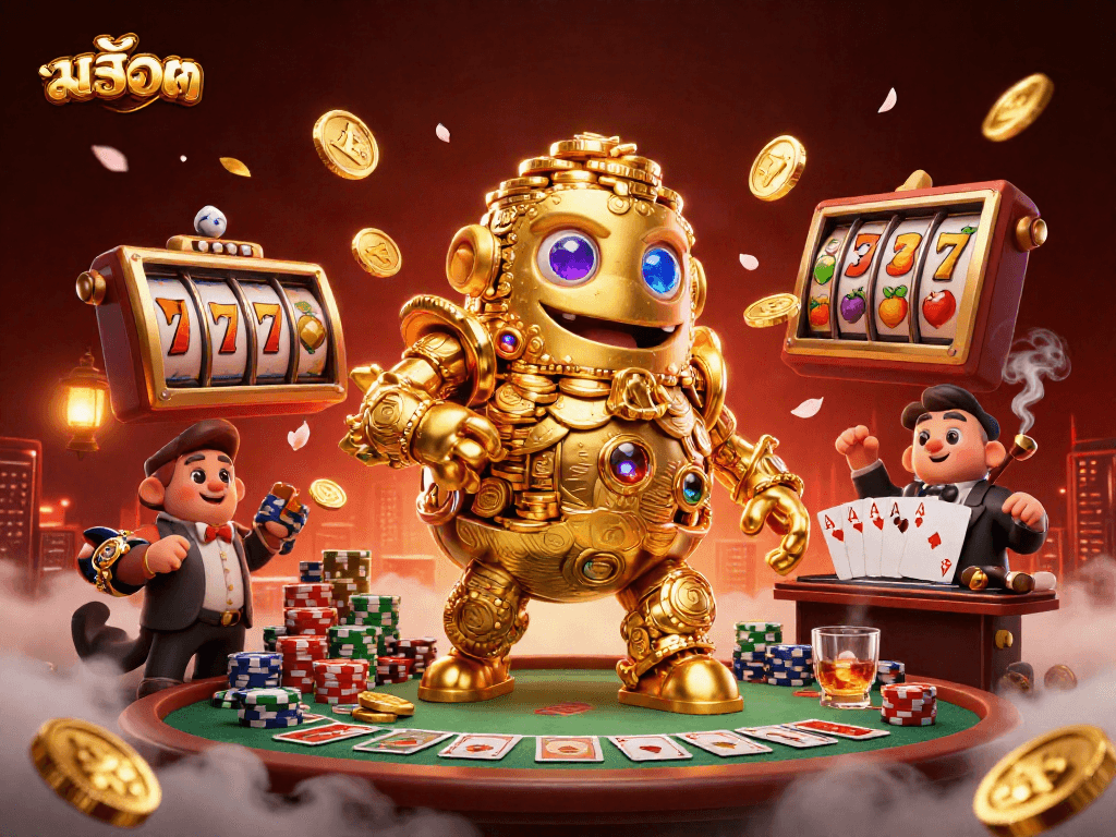 Engage in สล็อต gaming with vibrant 3D characters and casino elements in a lively scene.