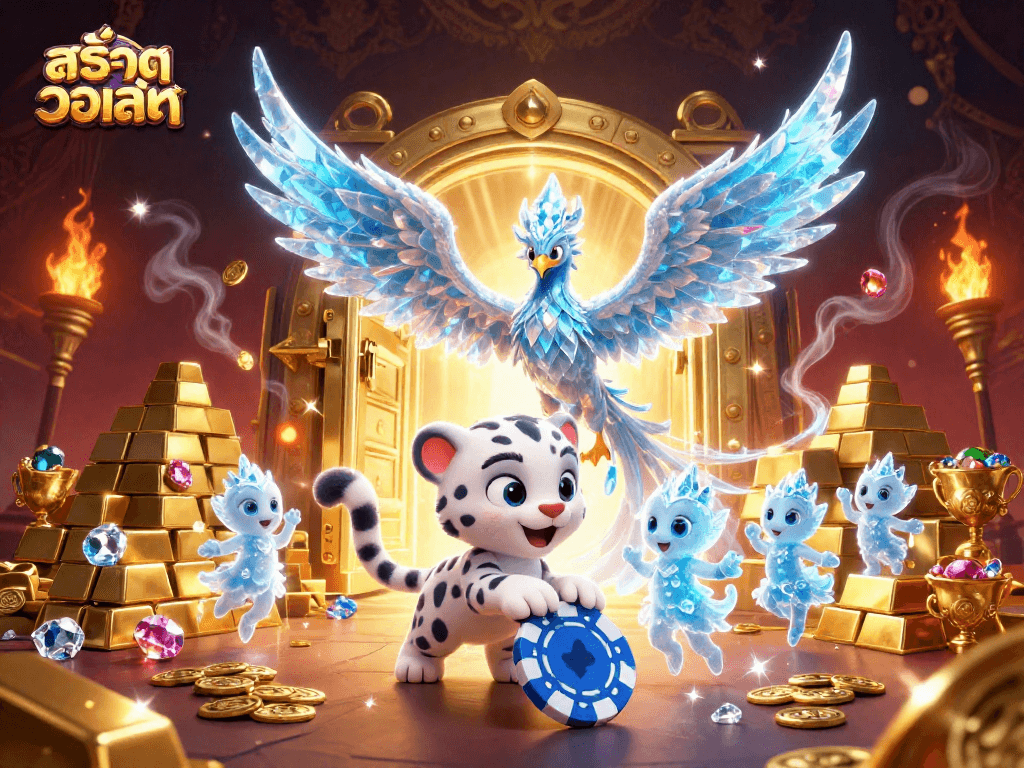 Experience thrilling สล็อตวอเลท action with a vibrant 3D casino scene featuring magical characters and treasures.