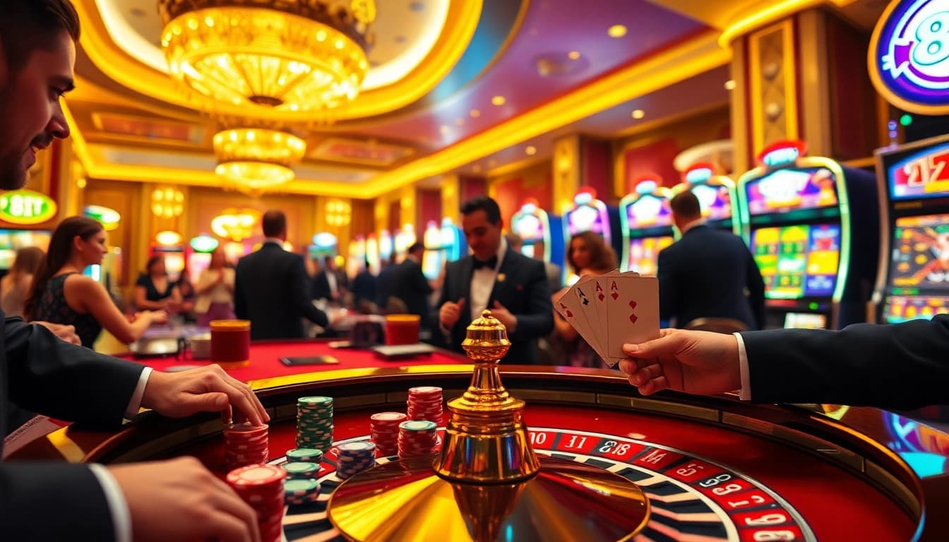 Players enjoying a thrilling game at 8DAY’s premium casino tables, showcasing vibrant poker chips and cards.