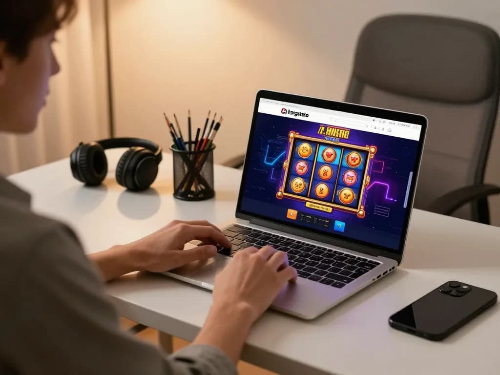 Pemain yang terlibat menjelajahi slot online hargatoto di laptop dalam kantor rumah yang nyaman.