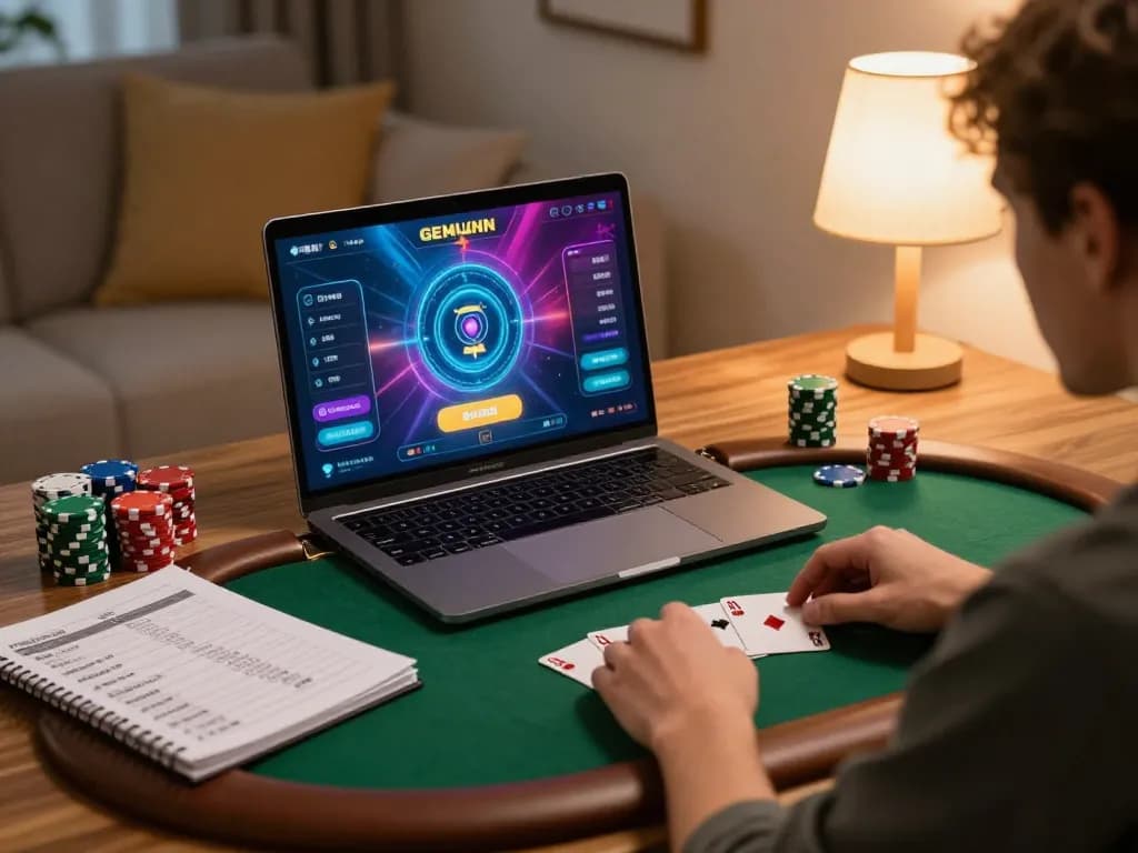 Engaging in a GEMWIN online poker game from the comfort of home with strategy notes visible.
