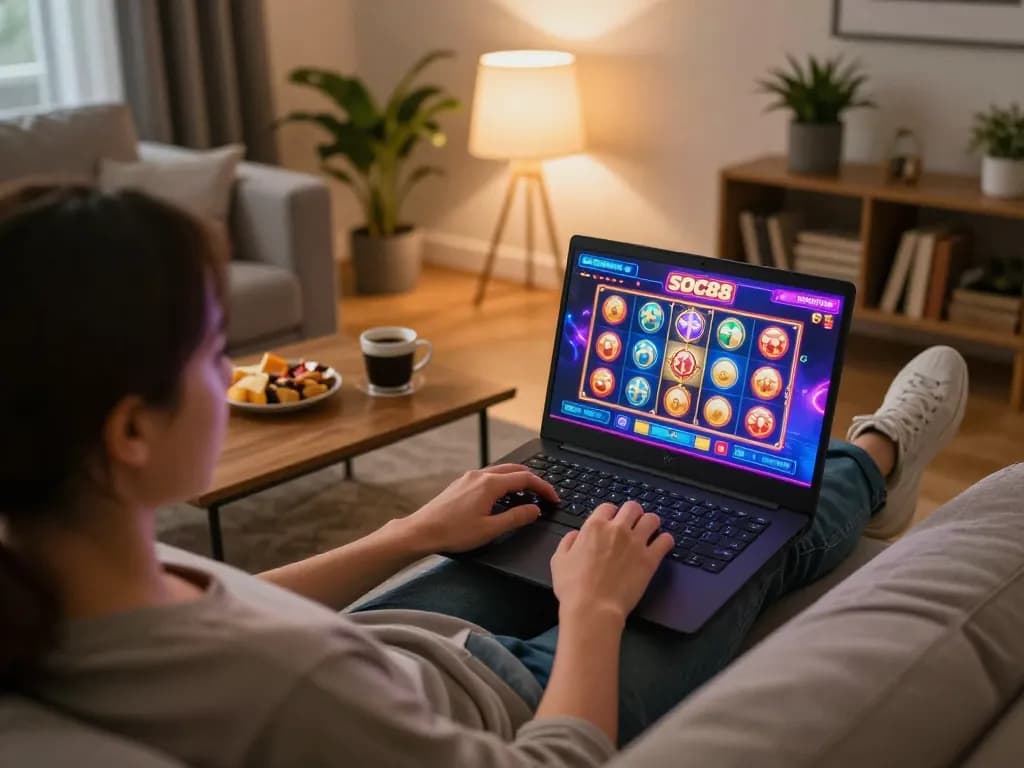 Engaging SOC88 online gaming session at home, showcasing vibrant gameplay with relaxed atmosphere
