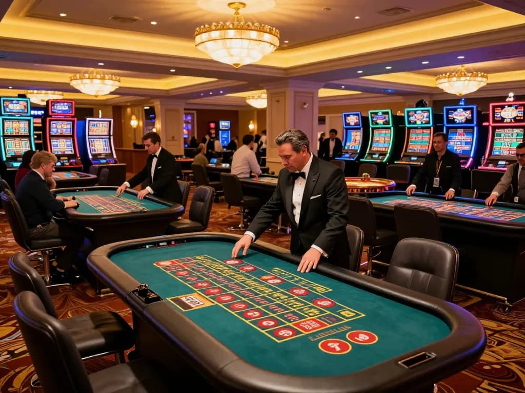 MM88 casino atmosphere with players engaged at roulette tables, croupiers in action.