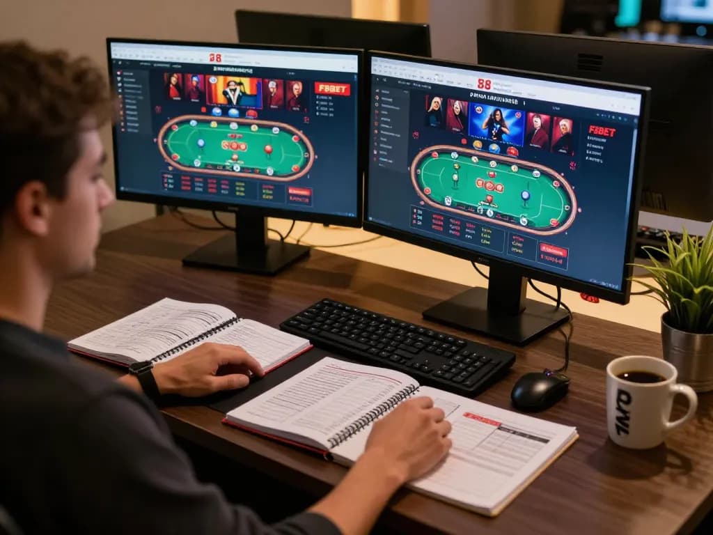 Gambler engaging on F8BET's online platform with live dealer poker, showcasing strategic gameplay.