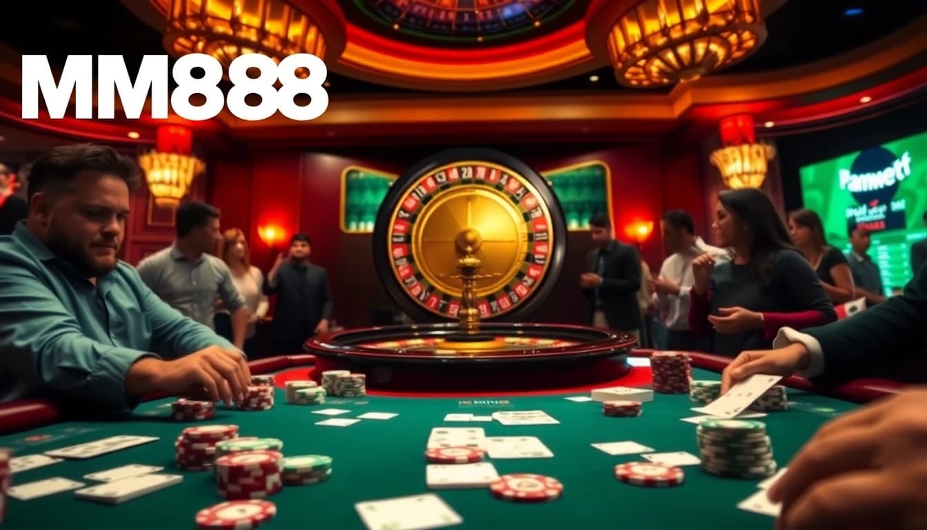 Engaging scene at MM88 casino with players enjoying poker and betting slips amidst vibrant atmosphere.