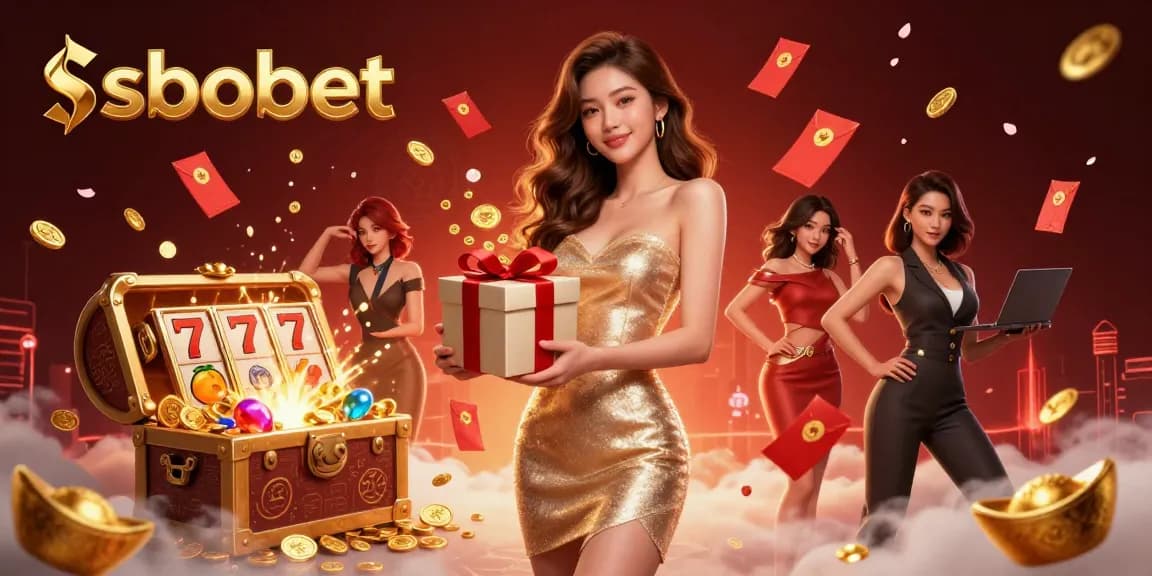 Experience sbobet with a glamorous Asian woman in a festive casino theme, surrounded by slot reels and gold coins.