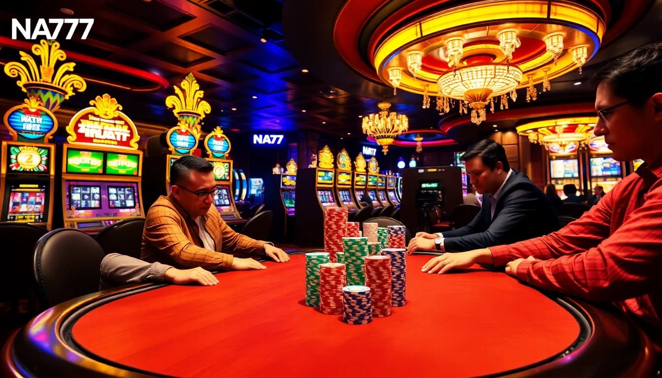 Engage in thrilling poker strategies at NA777 with vibrant casino lights and intense gameplay.