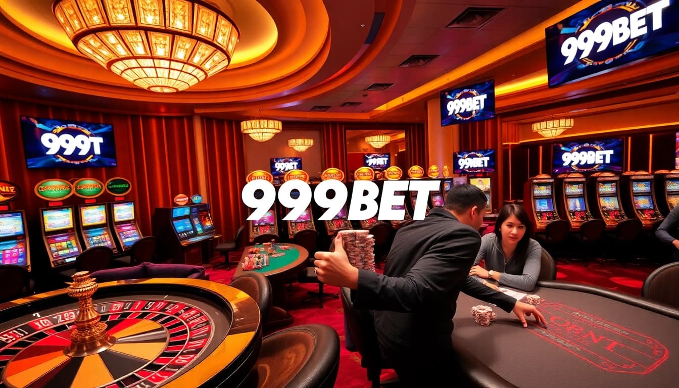 Experience luxury gaming with 999BET's vibrant casino atmosphere featuring roulette and slots.
