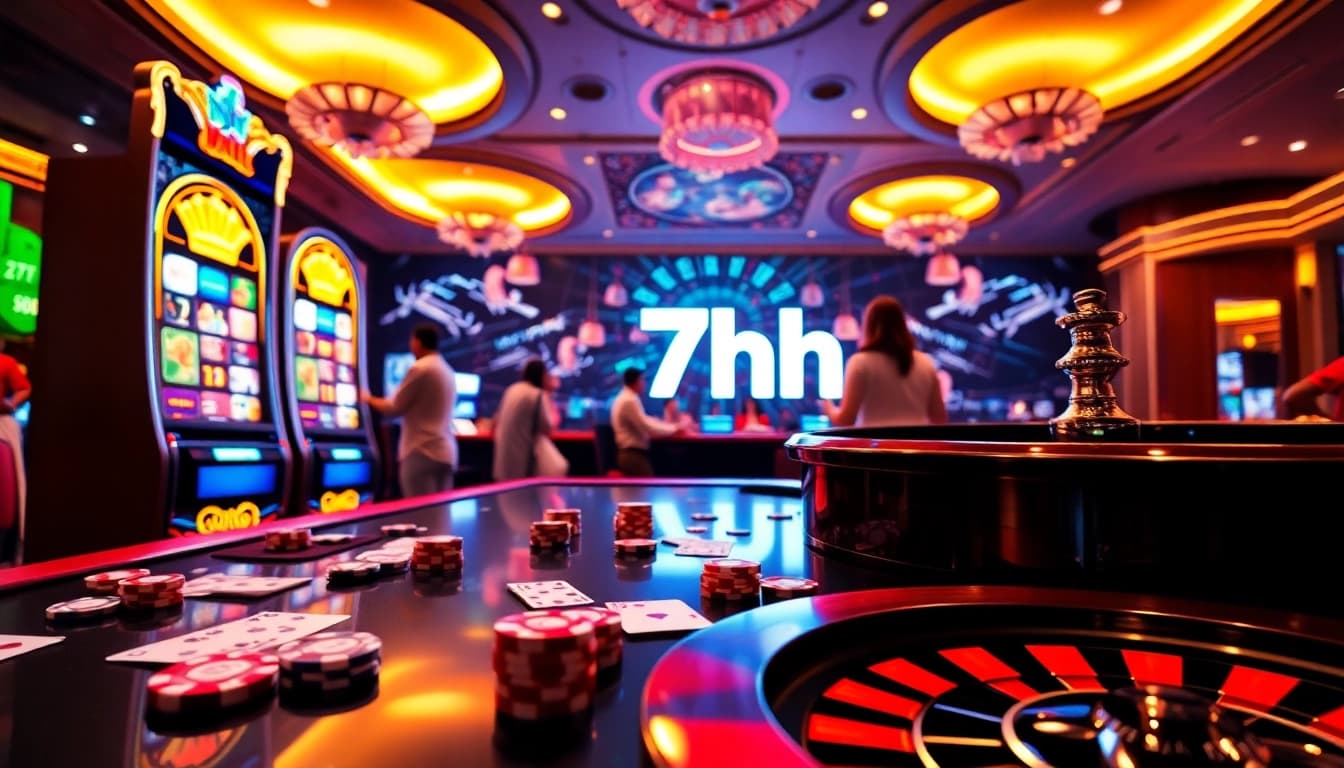 Players enjoying their experience at 7hh online casino with vibrant slot machines and poker chips.