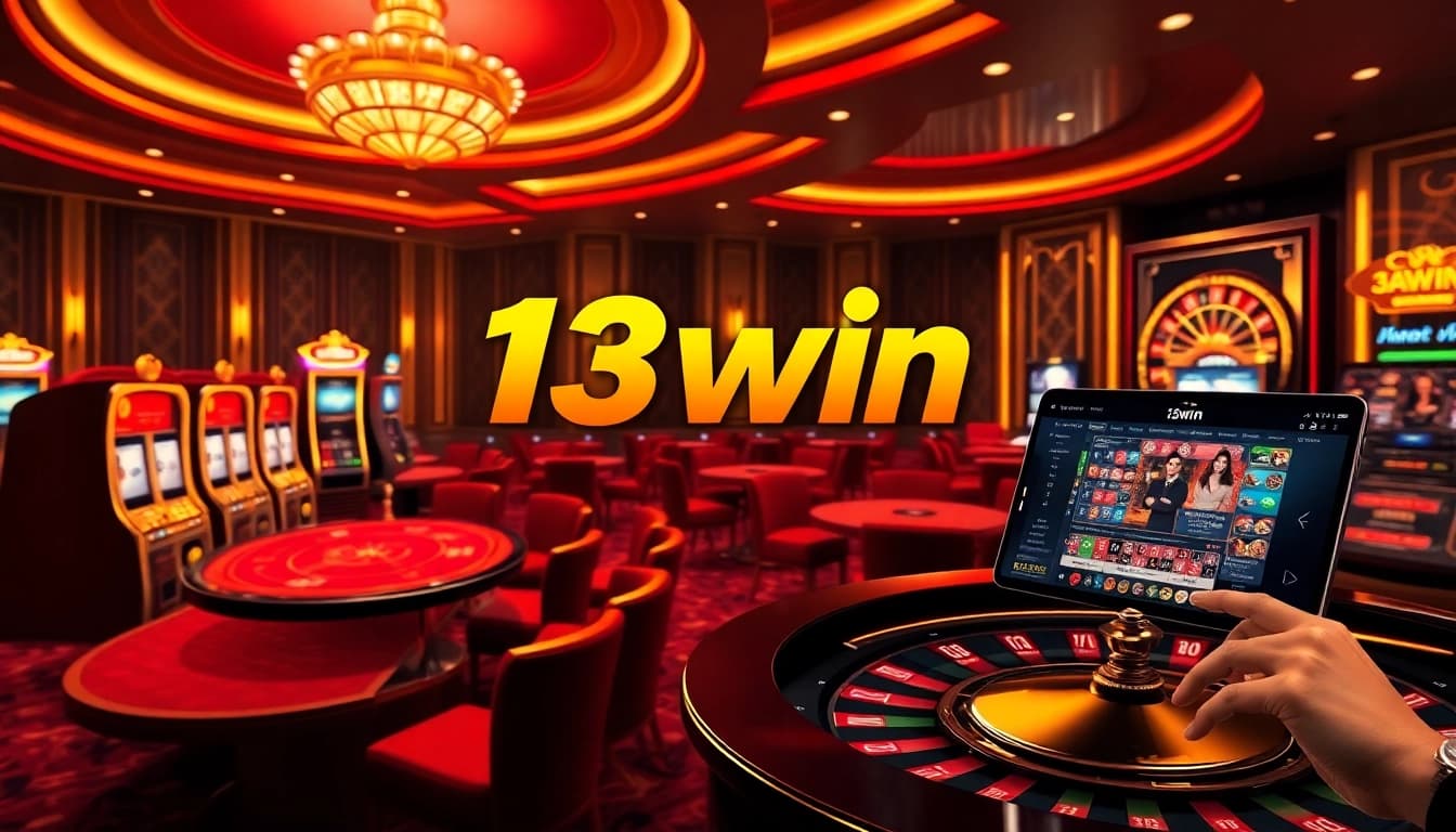 A dynamic scene of online gambling at 13win with poker tables, vibrant slot machines, and a roulette wheel.