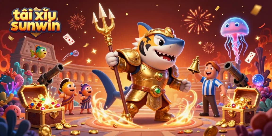 Tài xỉu sunwin features an energetic underwater scene showcasing a shark gladiator and treasure, perfect for gaming excitement.