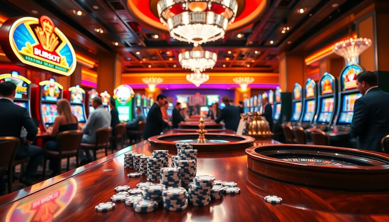 Engaging scene showcasing idnslot excitement with vibrant slot machines in a bustling casino atmosphere.