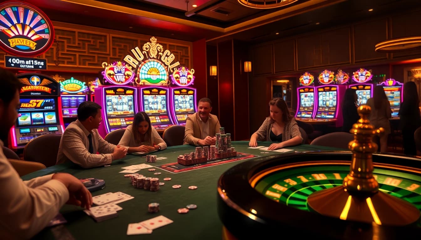 Players enjoying a thrilling poker game at RR88 casino table surrounded by vibrant slot machines.