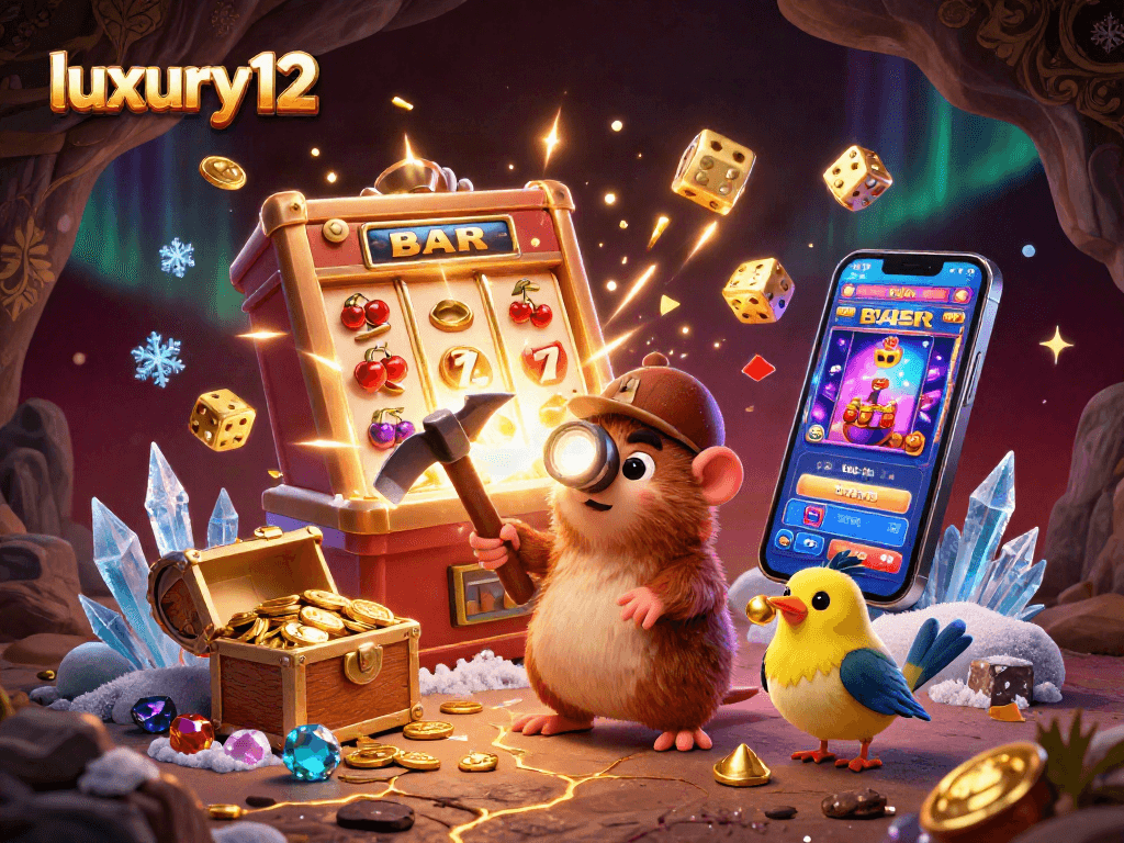 Engage with luxury12’s vibrant 3D casino scene featuring a treasure hunter and a jackpot explosion.