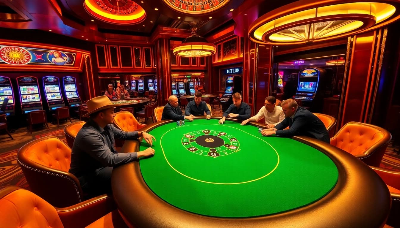 A dynamic casino scene at HITCLUB with players focused at poker tables and spinning roulette wheels, exuding excitement.