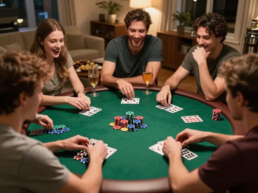 People enjoying a lively poker game night at home, featuring friends and colorful chips, highlights tg88 com involvement in online gaming.