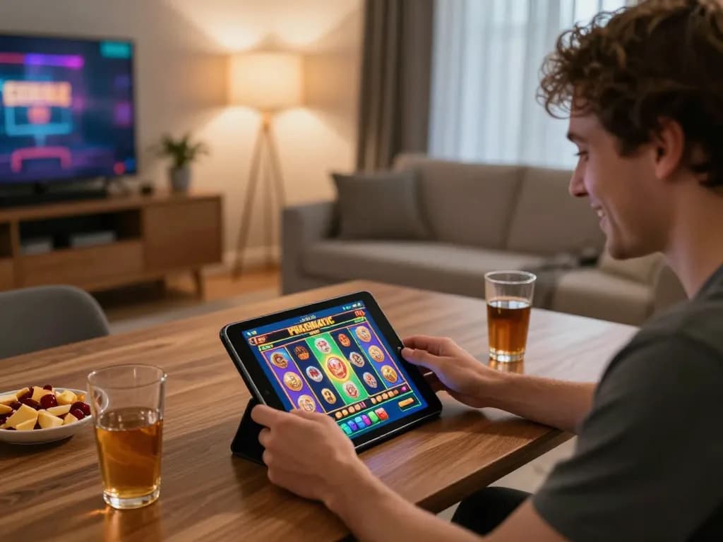 Engaging with a Pragmatic Slot game on a tablet in a cozy home gaming setup.