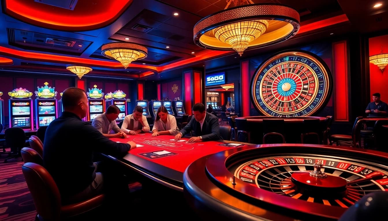 SODO CASINO players enjoying a high-stakes poker game with vibrant slot machines in the background.