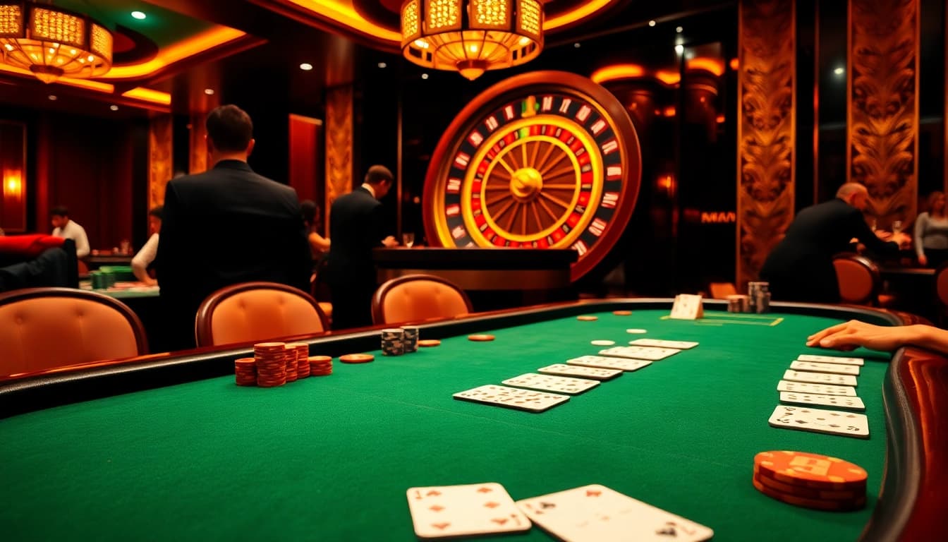 SODO CASINO players enjoying an exciting poker game at a luxurious table with vibrant chips.