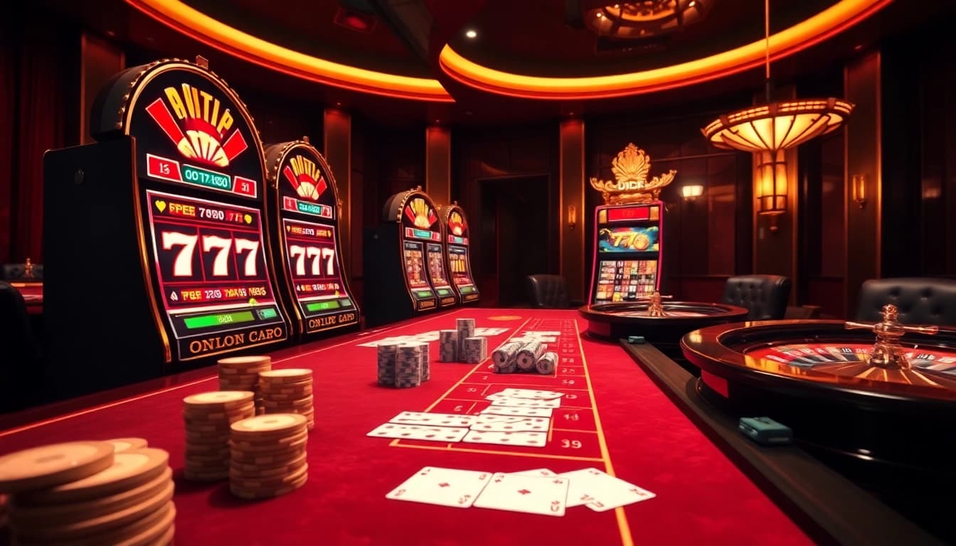Players enjoying games at the 777vip online casino, featuring vibrant slots and elegant poker tables.