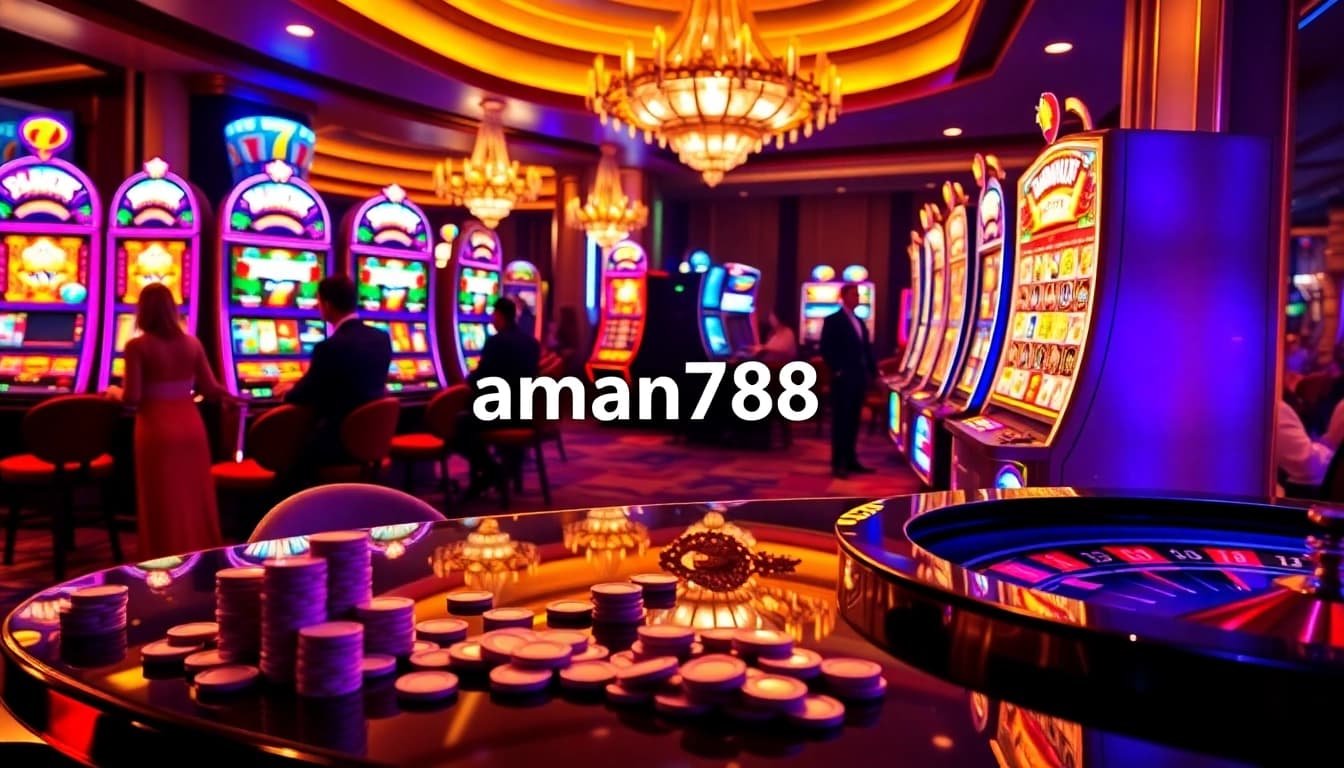 Pemain terlibat dengan mesin slot aman788, memperlihatkan peluang jackpot yang menakjubkan dan suasana kasino yang cerah.
