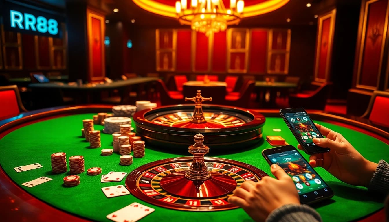 RR88 VIP gaming experience showcasing luxurious casino ambiance with poker chips and cards.