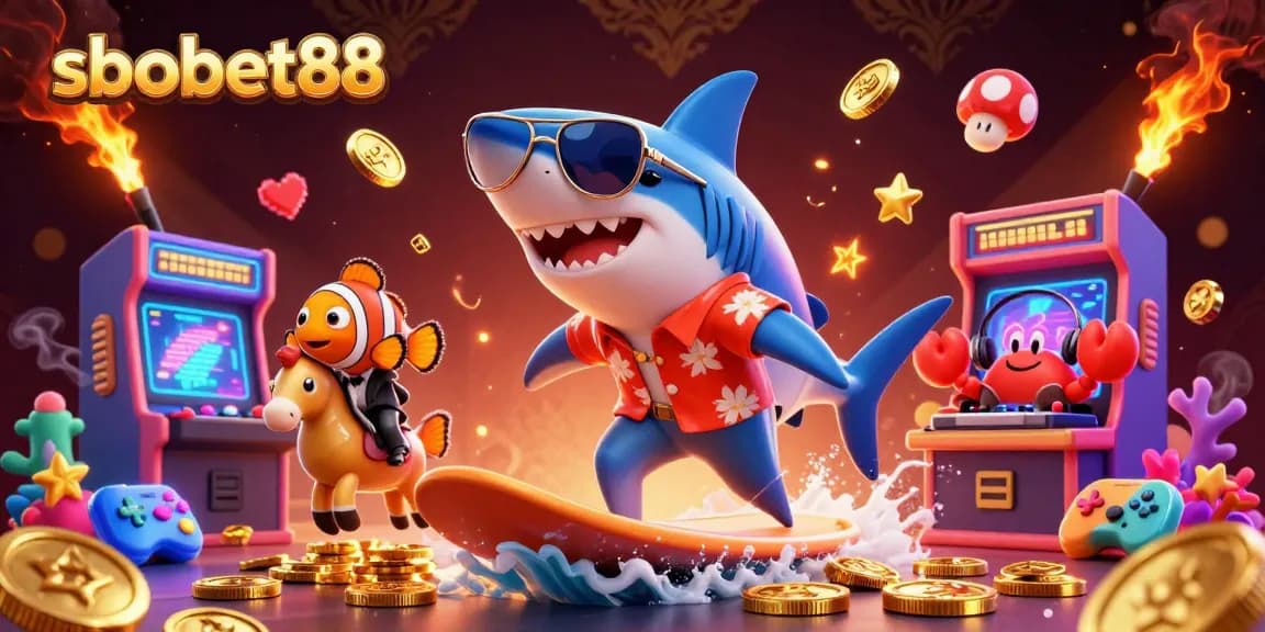 Experience sbobet88's thrilling game action with a shark surfer and casino-themed elements.