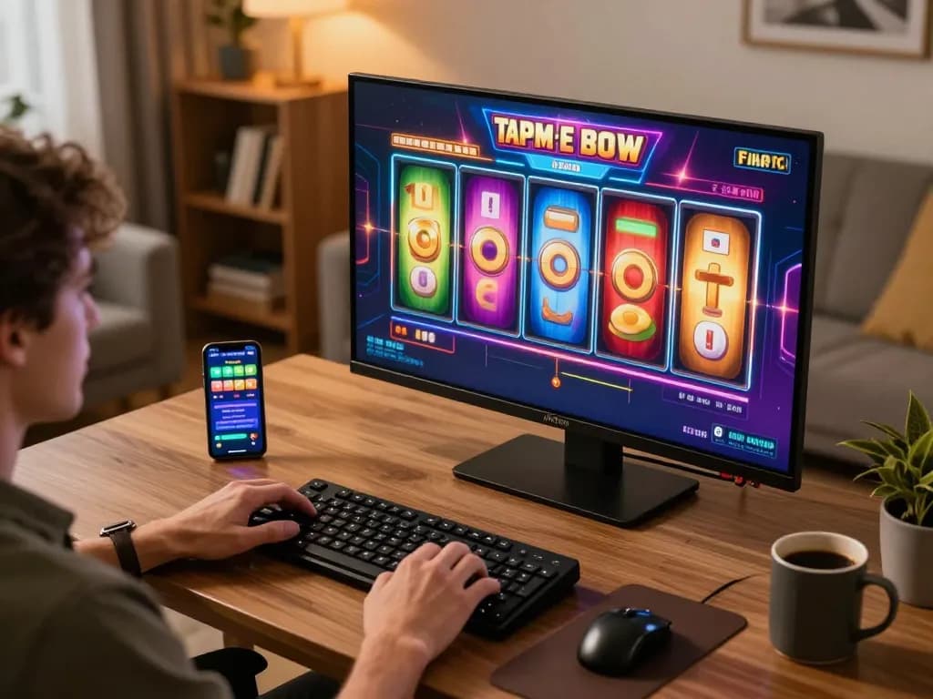 Seseorang menikmati permainan slot online aman788 yang menarik di rumah, menampilkan aksi di layar dengan resolusi tinggi.