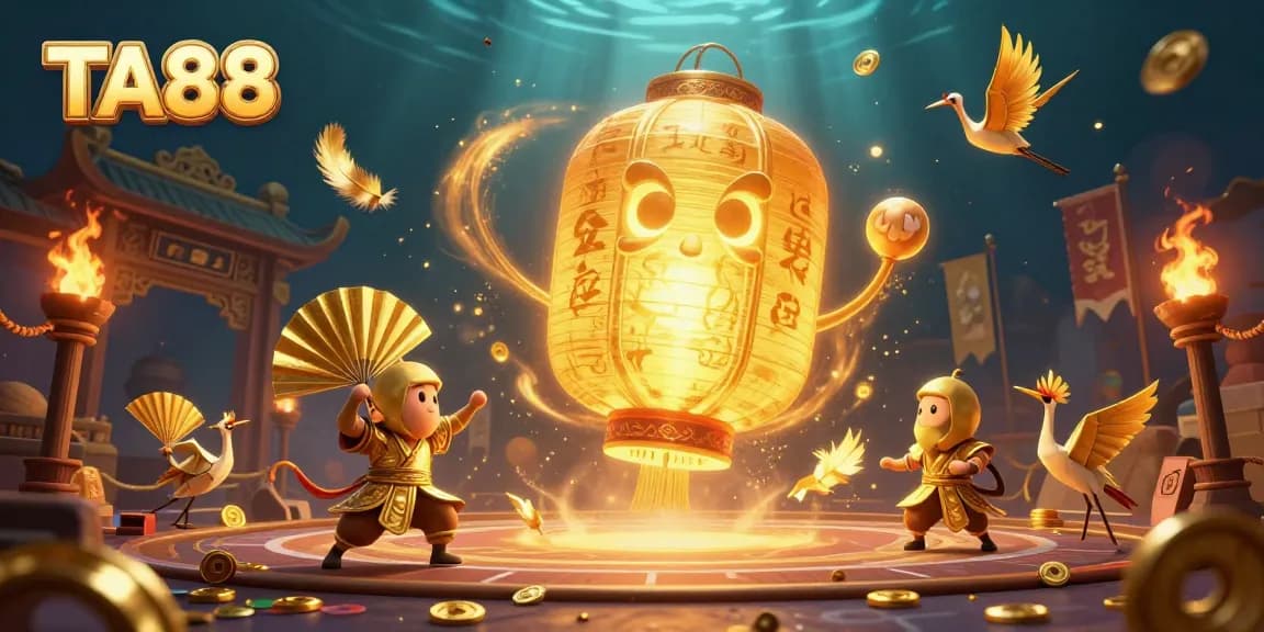 TA88 illuminates the casino with a glowing lantern spirit amidst golden tokens and energetic gameplay.