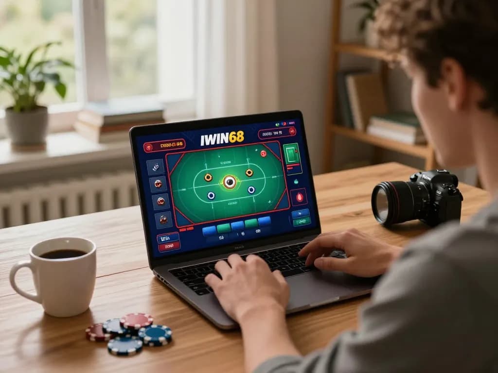 IWIN68 player engaging in a poker game on laptop, highlighting an online casino experience in a cozy setting