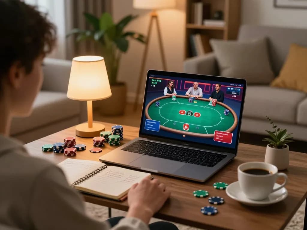 Engaging moment at ligasedayu poker online, player strategizing with chips and notes in cozy setting.