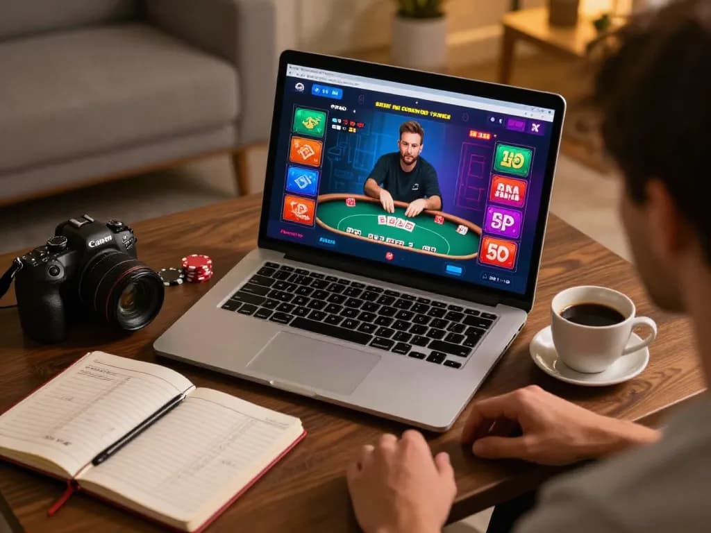 B52CLUB player engaged in a high-stakes online poker match with laptop and strategy notes in cozy home setting.