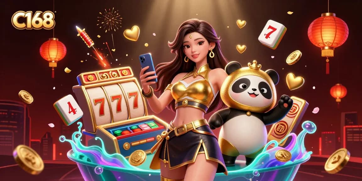 C168 casino games illustrated with an Asian woman using a smartphone, golden panda mascot, and dynamic gaming elements.