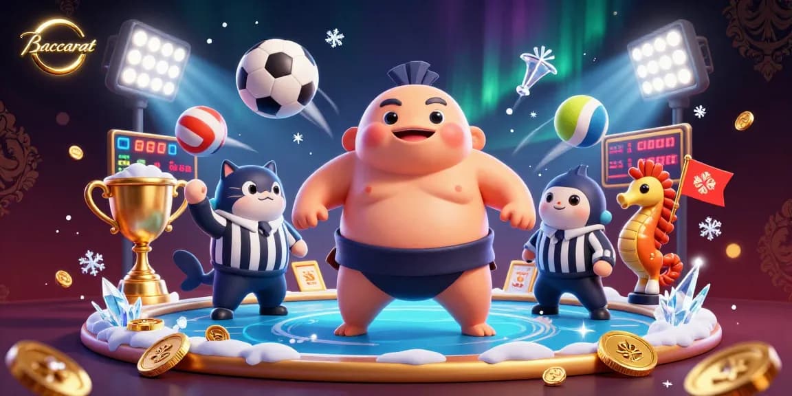 Baccarat action scene with a fugu wearing a sumo belt, catfish referee, and lively seahorse spectators